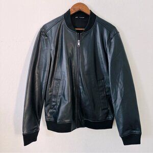 Zara Men’s Black Faux Leather Bomber Jacket Black Medium